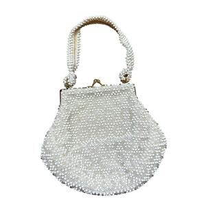 Vintage Corde Bead top handle purse hand bag creamy white beaded Bride Prom
